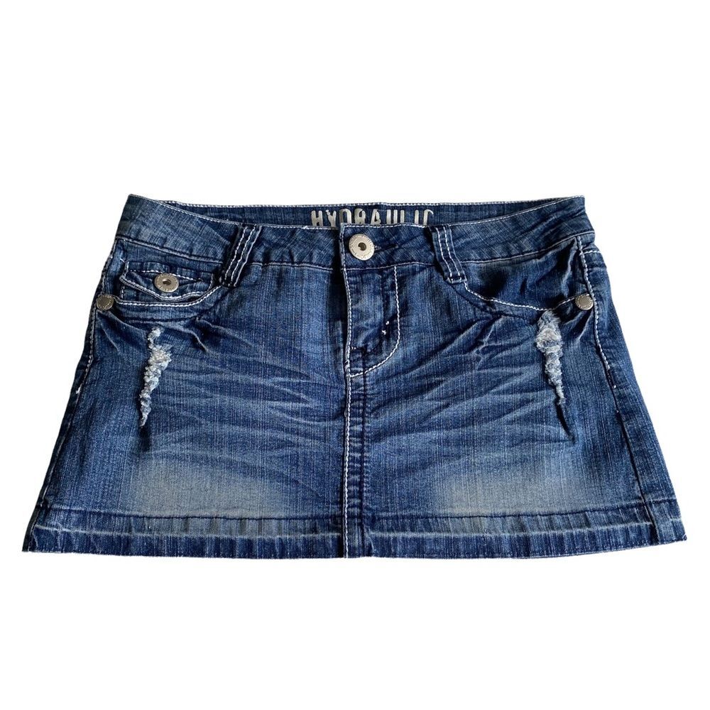 Vintage Hydraulic Distressed Denim Blue Jean Flap Pocket Micro Mini Skirt Sz 7/8